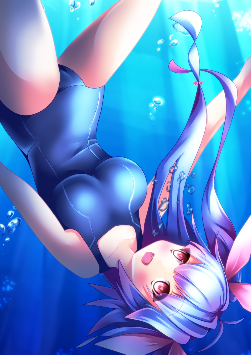 1girl 324cm blue_hair breasts bubble fang hair_ornament hair_ribbon highres i-19_(kantai_collection) kantai_collection long_hair one-piece_swimsuit open_mouth personification red_eyes ribbon school_swimsuit smile solo star star-shaped_pupils swimsuit symbol-shaped_pupils twintails underwater