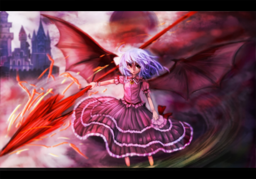 1girl bat_wings blue_hair brooch fang flat_chest hat hat_removed headwear_removed highres jewelry letterboxed long_skirt moon no_hat polearm red_eyes red_moon remilia_scarlet scarlet_devil_mansion short_hair skirt so-ma solo spear spear_the_gungnir touhou weapon wings wrist_cuffs