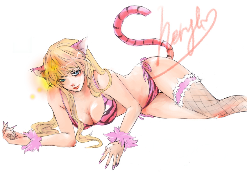1girl animal_ears aqua_eyes bikini blonde_hair breasts cleavage fishnets highres macross macross_frontier sheryl_nome solo swimsuit tail tiger_ears tiger_print tiger_tail yuiko09
