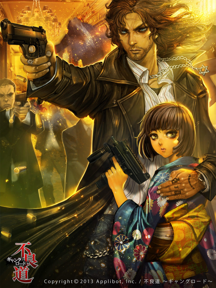 blue_eyes brown_eyes brown_hair casing_ejection chain coat formal furyou_michi_~gang_road~ gun hexagram highres japanese_clothes jewelry kimono necklace obi official_art ring shell_casing short_hair star_of_david suit tattoo watch weapon xaxak