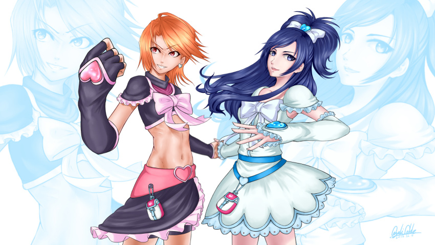2girls arm_warmers bike_shorts black_gloves blue_eyes blue_hair coyuki_cable cure_black cure_white detached_sleeves dress earrings eyelashes fighting_stance fingerless_gloves futari_wa_precure gloves hair_ornament hair_ribbon half_updo happy heart highres holding_hands jewelry long_hair looking_at_viewer magical_girl midriff misumi_nagisa multiple_girls navel open_mouth orange_hair precure red_eyes ribbon shirt short_hair shorts shorts_under_skirt simple_background skirt smile white_background white_dress yukishiro_honoka