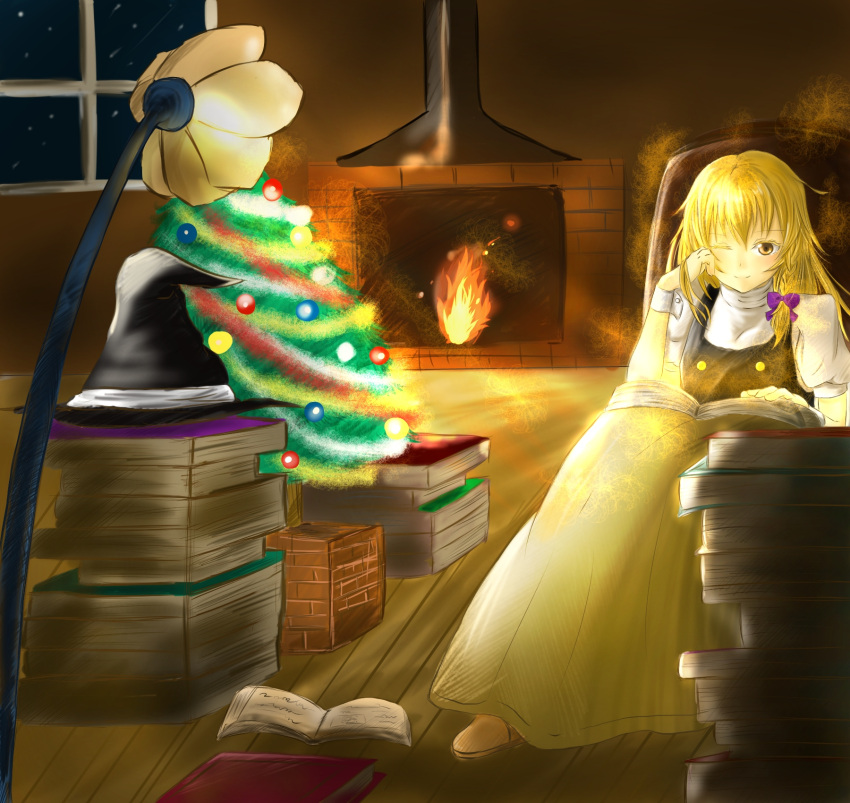 1girl blanket blonde_hair book_stack bow braid christmas_tree colored_eyelashes fire fireplace hair_bow hat hat_removed hat_ribbon head_rest headwear_removed high_collar highres indoors kirisame_marisa lamp long_hair looking_at_viewer night puffy_short_sleeves puffy_sleeves reading ribbon short_sleeves single_braid sitting slippers smile snow solo touhou vest window wink witch_hat wrist_cuffs yellow_eyes yukidaifuku