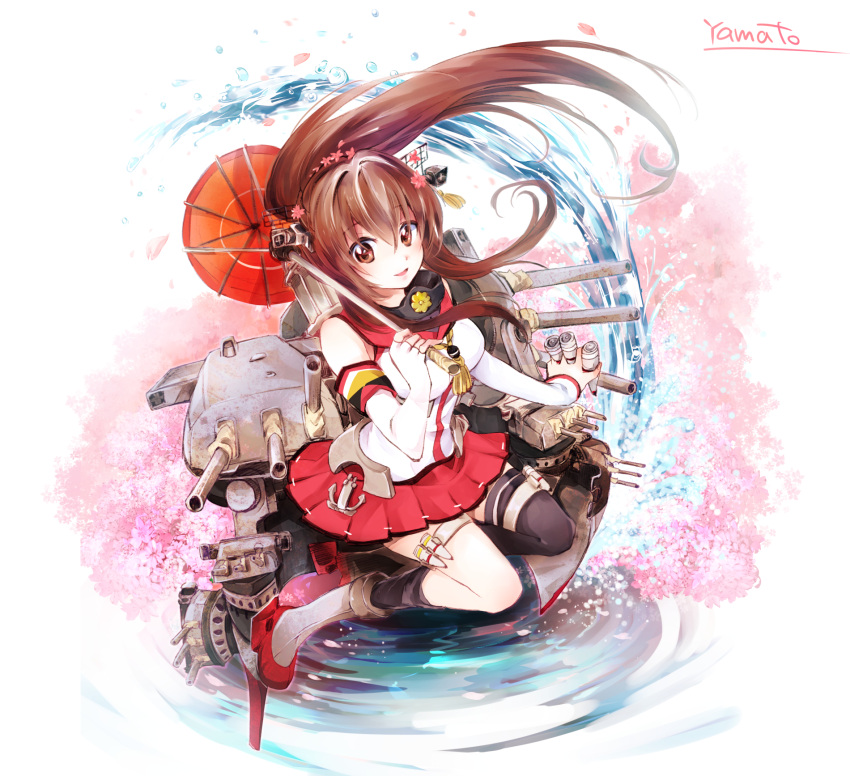 1girl brown_eyes brown_hair character_name cherry_blossoms hair_ornament highres kantai_collection long_hair looking_at_viewer makuwauri oriental_umbrella personification ponytail solo umbrella water yamato_(kantai_collection)