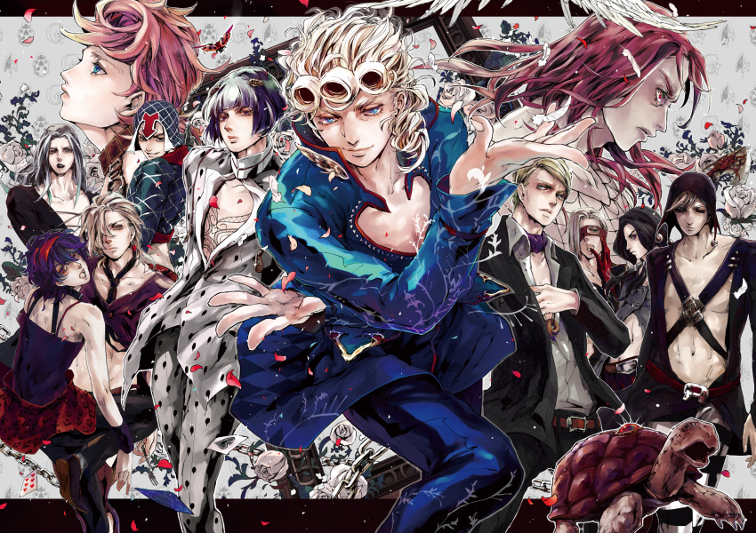 1girl arrow aviquaimots black_hair blonde_hair blue_eyes bruno_bucciarati card chain coco_jumbo diavolo feathers flower fork giorno_giovanna grey_hair guido_mista highres illuso jojo_no_kimyou_na_bouken ladybug leone_abbachio melone multiple_boys narancia_ghirga pannacotta_fugo petals pink_hair playing_card prosciutto purple_hair red_eyes risotto_nero rose trish_una white_rose wings