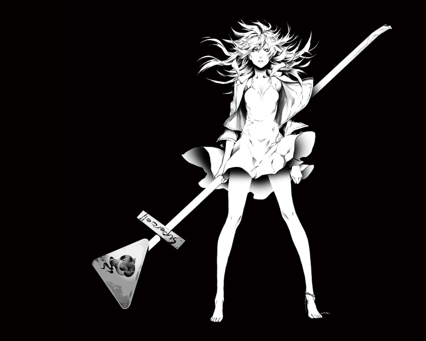 1girl album_cover barefoot black_background breasts circle_name cleavage cover dress expressionless floating_hair greyscale heart holding jacket long_hair looking_at_viewer miwa_shirou monochrome official_art original simple_background skirt skirt_lift solo standing street_sign supercell