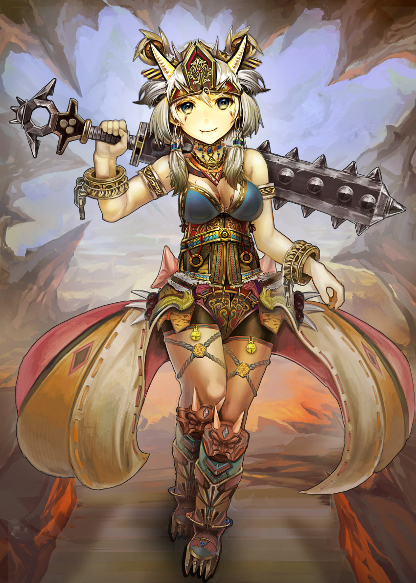 1girl absurdres bare_shoulders boots choker club earrings fang green_eyes hair_tubes headdress highres horns jewelry looking_at_viewer original over_shoulder payot ramudayajirusi short_hair silver_hair smile solo spiked_club spikes weapon weapon_over_shoulder