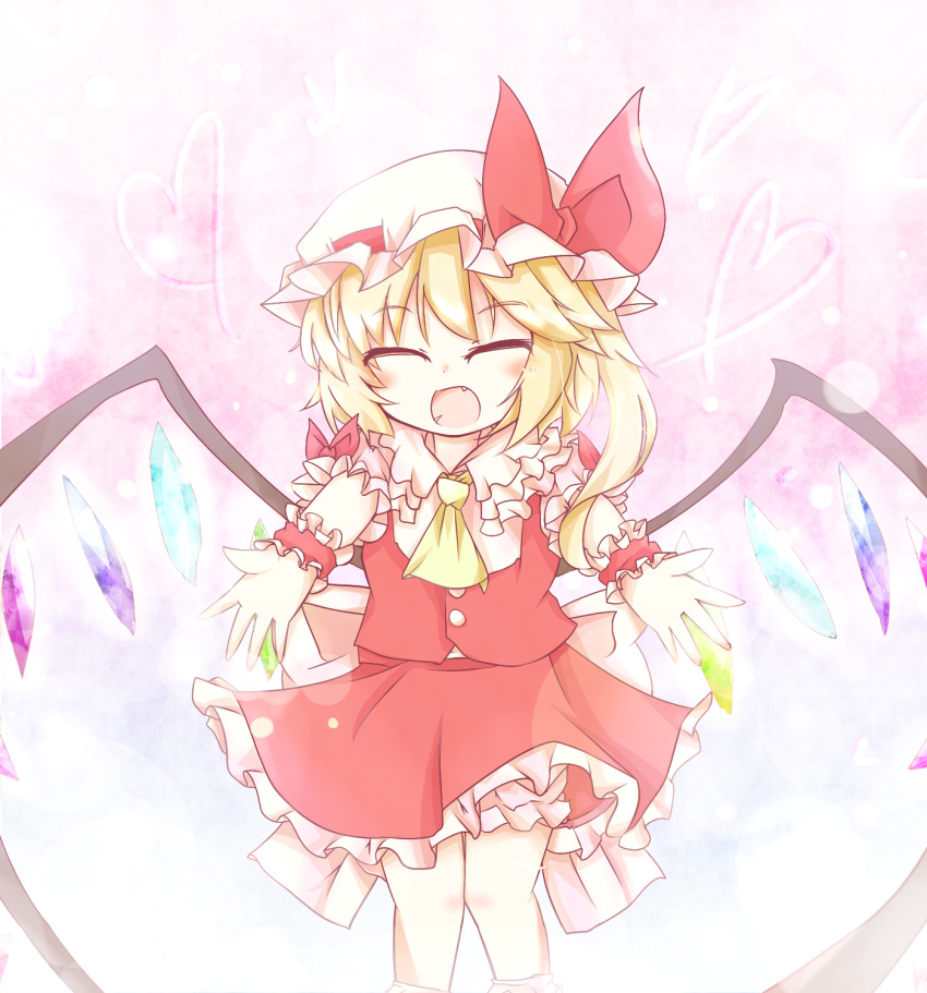 1girl ascot blonde_hair bloomers closed_eyes fangs flandre_scarlet gradient gradient_background hat hat_ribbon heart highres incoming_hug knees_together mob_cap open_hands open_mouth outstretched_arms pink_background ribbon short_hair short_sleeves side_ponytail skirt skirt_set solo touhou tsumurikoto underwear wings wrist_cuffs