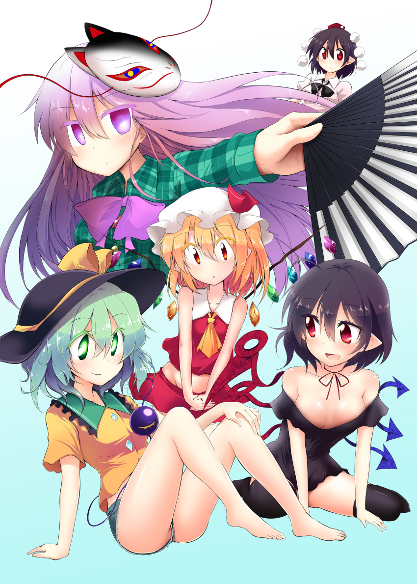 5girls absurdres aqua_background ascot asymmetrical_wings black_hair black_legwear blonde_hair blush breasts chipa_(arutana) cleavage crystal dress expressionless eyeball fan flandre_scarlet folding_fan fox_mask green_eyes green_hair hat hat_ribbon hata_no_kokoro heart heart_of_string highres houjuu_nue komeiji_koishi long_hair long_sleeves mask midriff multiple_girls pink_eyes pink_hair plaid plaid_shirt red_eyes ribbon shameimaru_aya shirt short_hair short_sleeves shorts side_ponytail skirt smile thighhighs third_eye tokin_hat touhou very_long_hair wide_sleeves wings