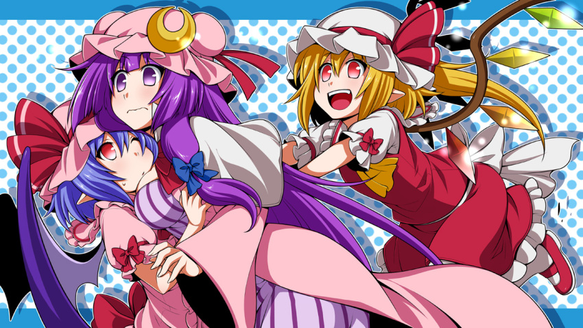 ascot bat_wings blonde_hair blue_hair blush bow breasts crescent eichi_yuu flandre_scarlet hat long_hair long_sleeves multiple_girls open_mouth patchouli_knowledge pointy_ears purple_hair red_eyes remilia_scarlet short_hair smile touhou violet_eyes wings wink