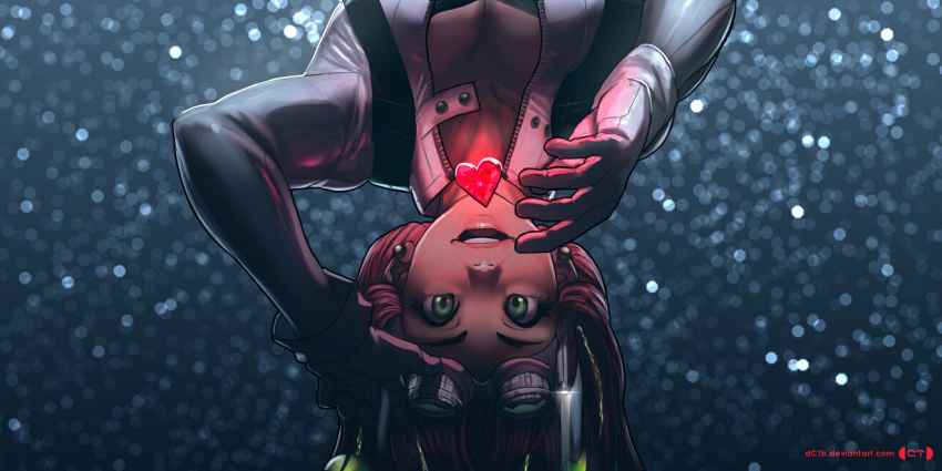 1girl annie_mei breasts caleb_thomas cleavage earrings gloves glowing goggles goggles_on_head green_eyes heart jewelry lips long_fingers original pink_hair smile solo torch unzipped upside-down watermark web_address