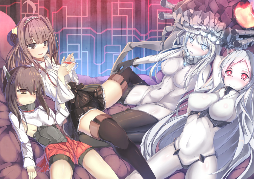 4girls ahoge airfield_hime bike_shorts blue_eyes bodysuit breasts brown_eyes brown_hair cup detached_sleeves double_bun gloves hair_ornament hairband headband headgear horns japanese_clothes kantai_collection kongou_(kantai_collection) lao_meng long_hair multiple_girls navel open_mouth pale_skin personification red_eyes shinkaisei-kan short_hair silver_hair taihou_(kantai_collection) teacup thighhighs white_hair wo-class_aircraft_carrier