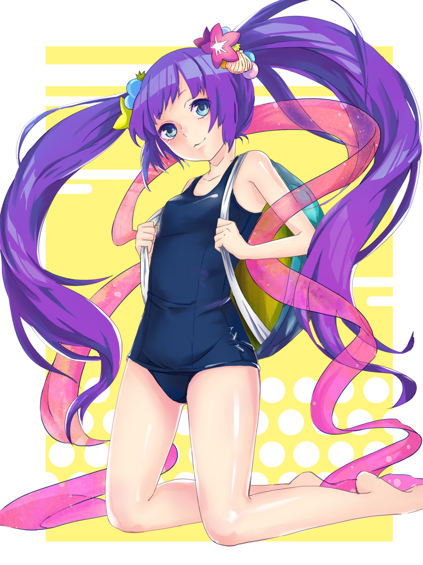 1girl absurdres blue_eyes highres long_hair original purple_hair school_swimsuit shiraai swimsuit twintails