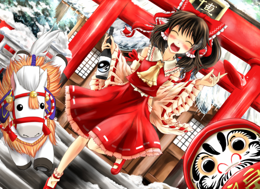 1girl ankle_socks ascot bell blush bottle bow brown_hair bush daruma_doll detached_sleeves drunk dutch_angle east_asian_architecture hair_bow hair_tubes hakurei_reimu icicle jingle_bell knees_together_feet_apart leg_up mary_janes open_mouth pony shoes short_hair skirt skirt_set snow solo stairs tamasan torii touhou yin_yang