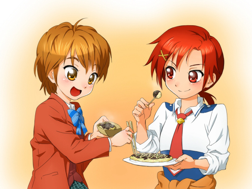 2girls blush crossover food futari_wa_precure hino_akane medium_hair misumi_nagisa multiple_girls onsoku_maru orange_hair precure redhead smile_precure! takoyaki