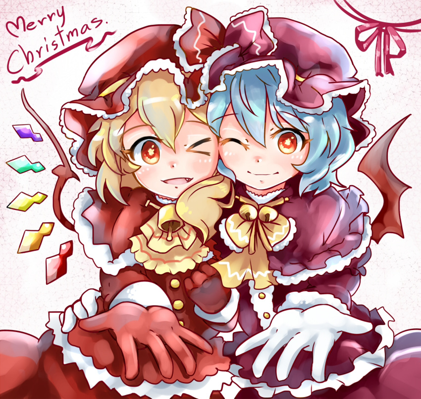 2girls alternate_costume bat_wings blonde_hair blue_hair blush fang flandre_scarlet gloves hat highres looking_at_viewer merry_christmas multiple_girls nobu_baka open_mouth outstretched_hand red_eyes red_gloves remilia_scarlet short_hair siblings sisters smile star star-shaped_pupils symbol-shaped_pupils touhou white_gloves wings