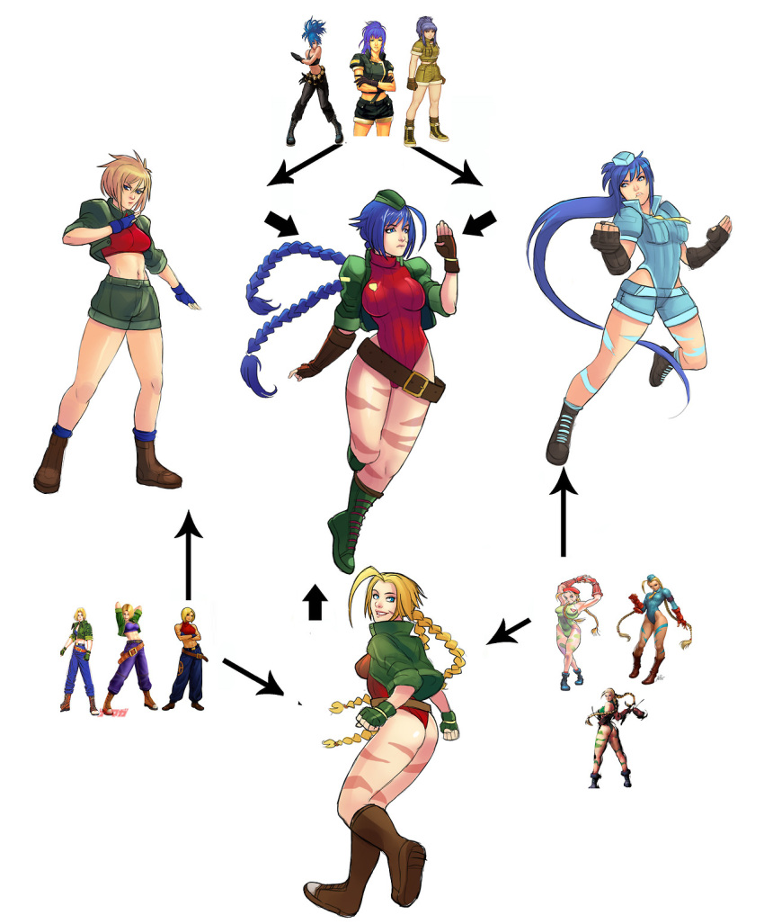 ahoge belt blonde_hair blue_eyes blue_hair blue_mary boots braid breasts cammy_white camouflage cropped_jacket crossover fatal_fury fighting_stance fingerless_gloves fusion g138 garrison_cap gloves hat highres king_of_fighters knee_boots leona_heidern leotard long_hair midriff necktie ponytail ribbed_leotard scar shorts street_fighter template twin_braids very_long_hair