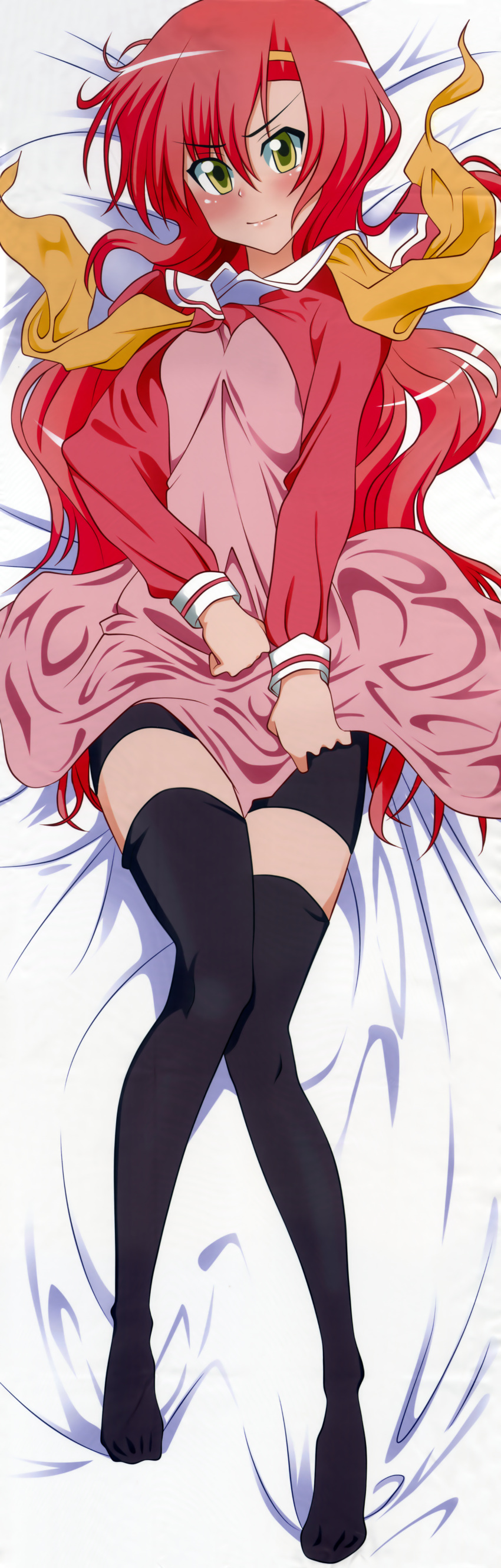 1girl absurdres artist_request bike_shorts black_bike_shorts black_legwear blush dakimakura dress_pull frown hayate_no_gotoku! highres huge_filesize katsura_hinagiku legs pink_hair school_uniform solo thighhighs yellow_eyes