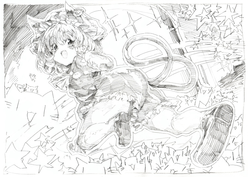 1girl animal_ears ass cat cat_ears cat_tail chen dress ear_piercing highres jewelry looking_at_viewer mob_cap monochrome multiple_tails open_mouth oshake pencil_crayon_(medium) piercing single_earring smile solo star tail too_many_cats touhou |_|