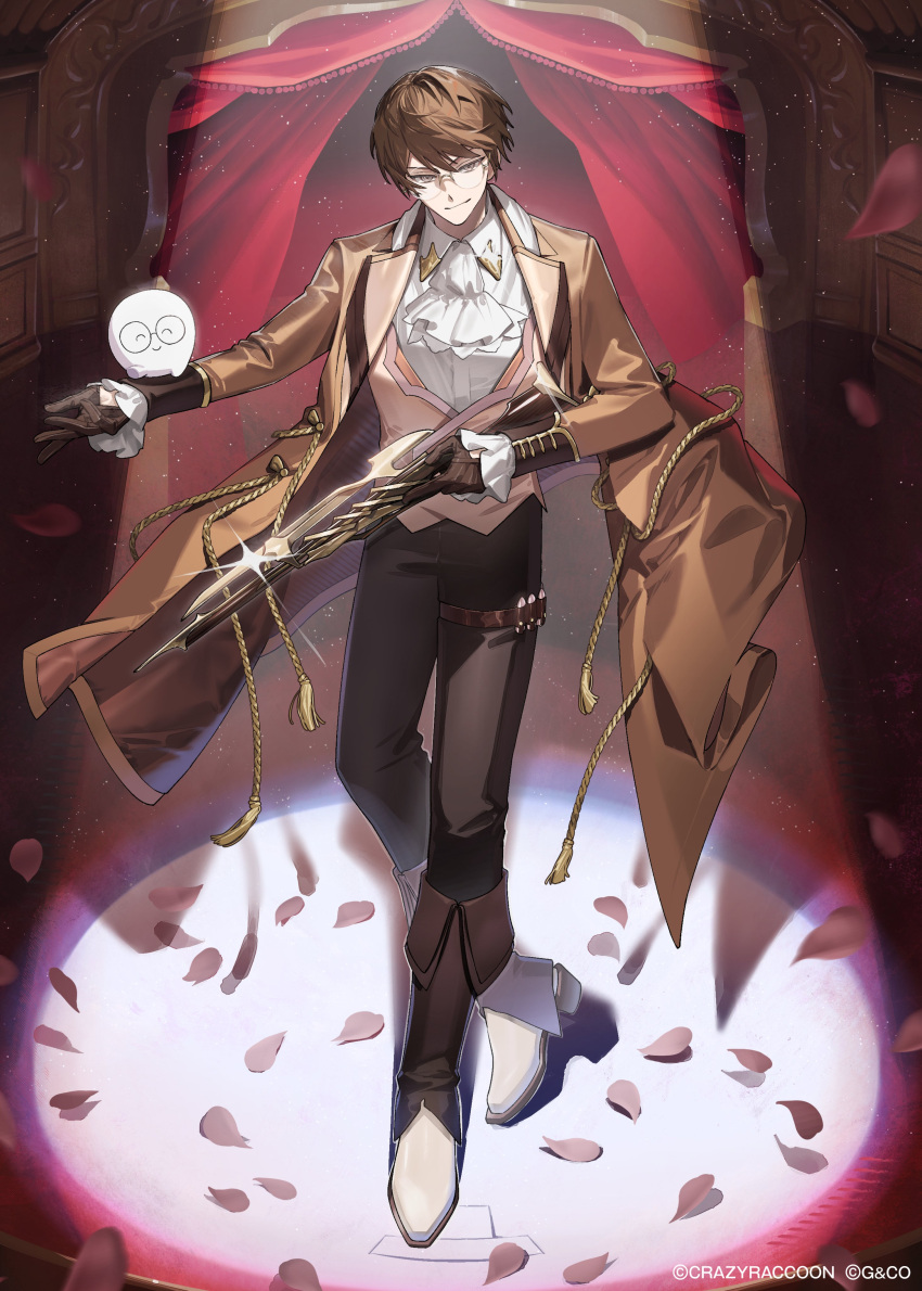 >:) 1boy absurdres aiguillette ascot bayonet black_pants brown_coat brown_eyes brown_gloves brown_hair brown_vest bullet closed_mouth coat collared_shirt commentary_request copyright_notice crazy_raccoon creature creature_on_arm curtains frilled_sleeves frills full_body gaiters gihuta_hiroshi glasses glint gloves gun hair_between_eyes highres holding holding_gun holding_weapon jasper7se lapels light_particles long_sleeves looking_at_viewer male_focus notched_lapels official_art open_clothes open_coat outstretched_arm pants pants_tucked_in petals rose_petals round_eyewear shirt shoes short_hair sleeve_cuffs smile solo spotlight stage_curtains standing tassel thigh_strap v-shaped_eyebrows vest weapon white_ascot white_shirt white_shoes xross_stars