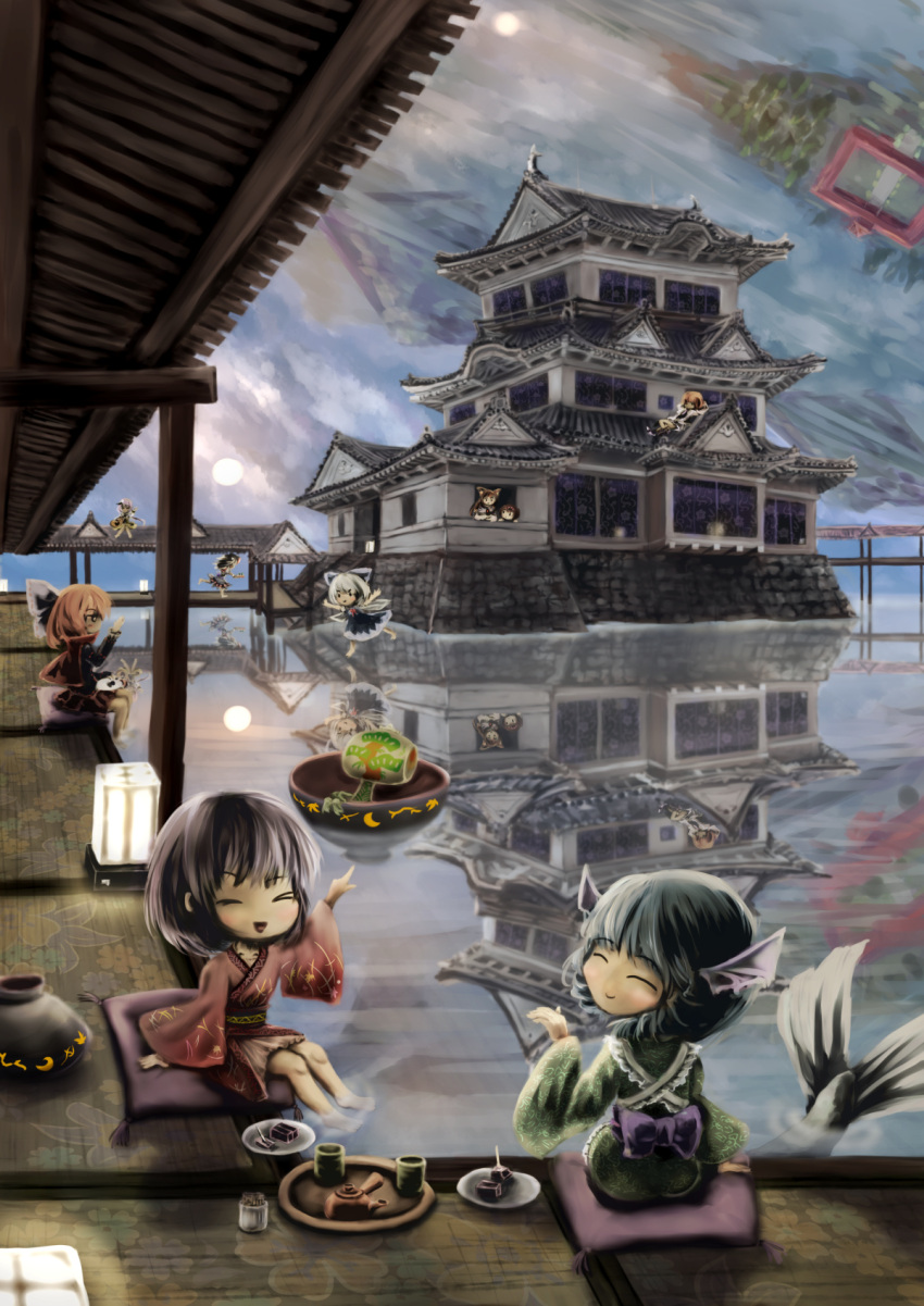 &gt;_&lt; 6+girls animal_ears arms_behind_head biwa_lute blouse blue_hair bow bowl brooch brown_hair cape castle cirno closed_eyes cloudy_sky cup double_dealing_character dress east_asian_architecture flying full_moon hair_bow highres horikawa_raiko imaizumi_kagerou instrument jacket japanese_clothes jewelry keikou_ryuudou kijin_seija kimono konnyaku_(food) lamp lavender_hair lute_(instrument) lying mallet mermaid monster_girl moon mountain multiple_girls obi on_back outstretched_arms parted_lips plate pointing redhead reflection running sekibanki short_hair short_sleeves sitting skirt smile soaking_feet spread_arms sukuna_shinmyoumaru teapot toothpick touhou tsukumo_benben tsukumo_yatsuhashi wakasagihime water wolf_ears
