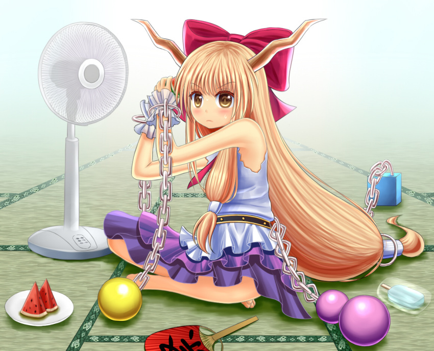 1girl belt blonde_hair blue_background bow chain cube electric_fan fan food frown fruit gin_fuaru gourd gradient gradient_background hair_bow hand_behind_head horns ibuki_suika ice indian_style long_hair looking_at_viewer low-tied_long_hair paper_fan plate popsicle sitting skirt sleeveless sleeveless_shirt slit_pupils solo sphere sweat tatami touhou very_long_hair watermelon wrist_cuffs yellow_eyes