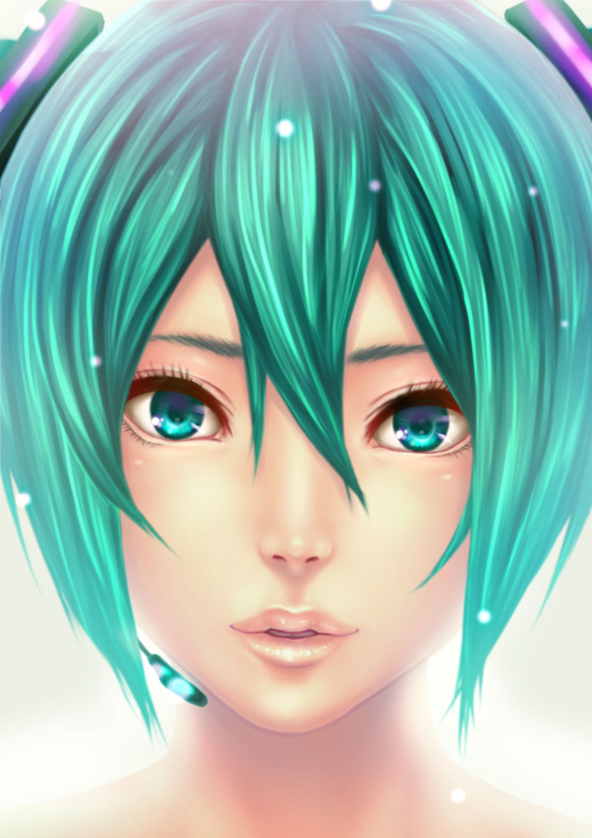 1girl aqua_eyes aqua_hair close-up face hatsune_miku headset highres light_smile lips looking_at_viewer nose parted_lips rokko short_hair solo vocaloid