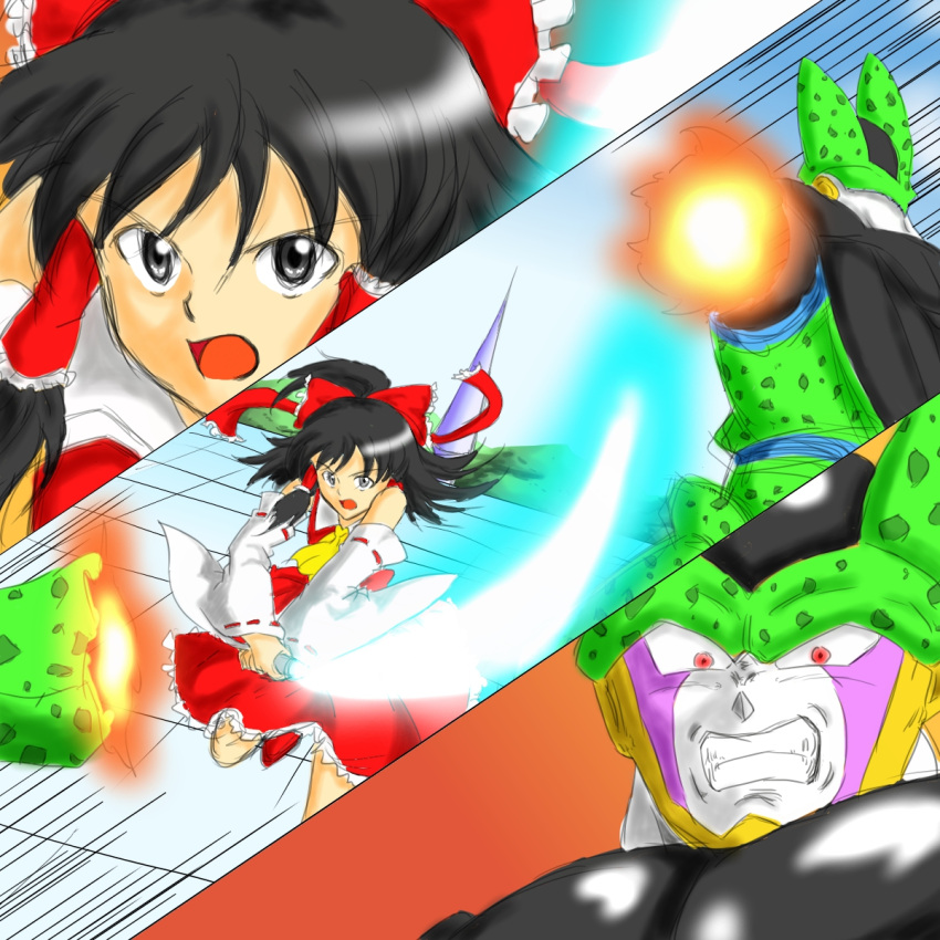 1boy 1girl armor black_eyes black_hair bow cell_(dragon_ball) crossover detached_sleeves dragon_ball dragon_ball_z dress hair_bow hair_ribbon hair_tubes hakurei_reimu highres male open_mouth red_eyes ribbon sword touhou weapon wings