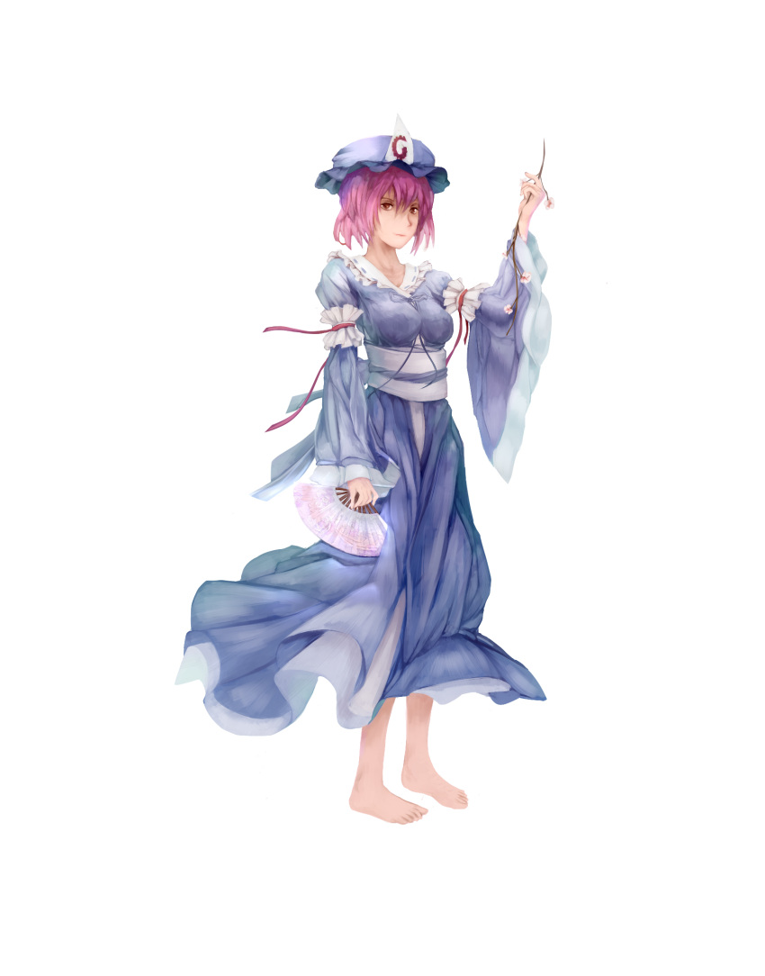 1girl arm_garter armband barefoot breasts cherry_blossoms expressionless fan folding_fan highres japanese_clothes kimono long_sleeves looking_away mob_cap obi pink_eyes pink_hair polskash raised_hand saigyouji_yuyuko short_hair simple_background solo touhou triangular_headpiece twig white_background