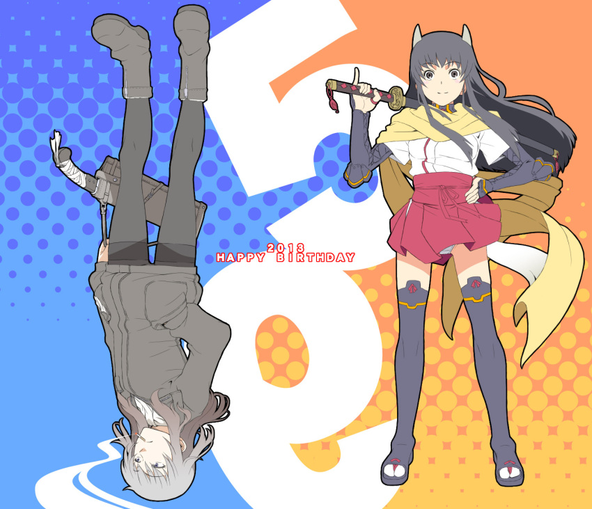 anabuki_tomoko animal_ears birthday black_hair blue_background choker cigarette dated dots elizabeth_f_beurling fox_ears fox_tail grey_hair hakama hakama_skirt hand_in_pocket happy_birthday highres holster japanese_clothes katana knife kukri leather_boots leather_jacket long_hair no_pants number orange_background panties pantyhose patterned patterned_background sandals scabbard scarf sheath smoke smoking strike_witches sword tabigarasu tail thighhighs traditional_clothes underwear weapon white_panties