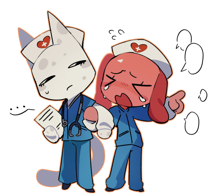 >_< ... 2girls animal_ears animal_hospital_(roblox) annoyed cat_ears cat_girl cat_tail clipboard commentary crying dog_ears dog_girl dog_tail floppy_ears flying_sweatdrops full_body furry furry_female grabbing_another's_arm hat head_nurse_(animal_hospital) highres holding holding_clipboard katkit637729776 layered_sleeves looking_at_another medical_scrubs multiple_girls nurse nurse_(animal_hospital) nurse_cap open_mouth orange_outline outline pointing red_fur roblox speech_bubble spoken_ellipsis stethoscope stethoscope_around_neck tail untranslatable_commentary white_fur white_hat