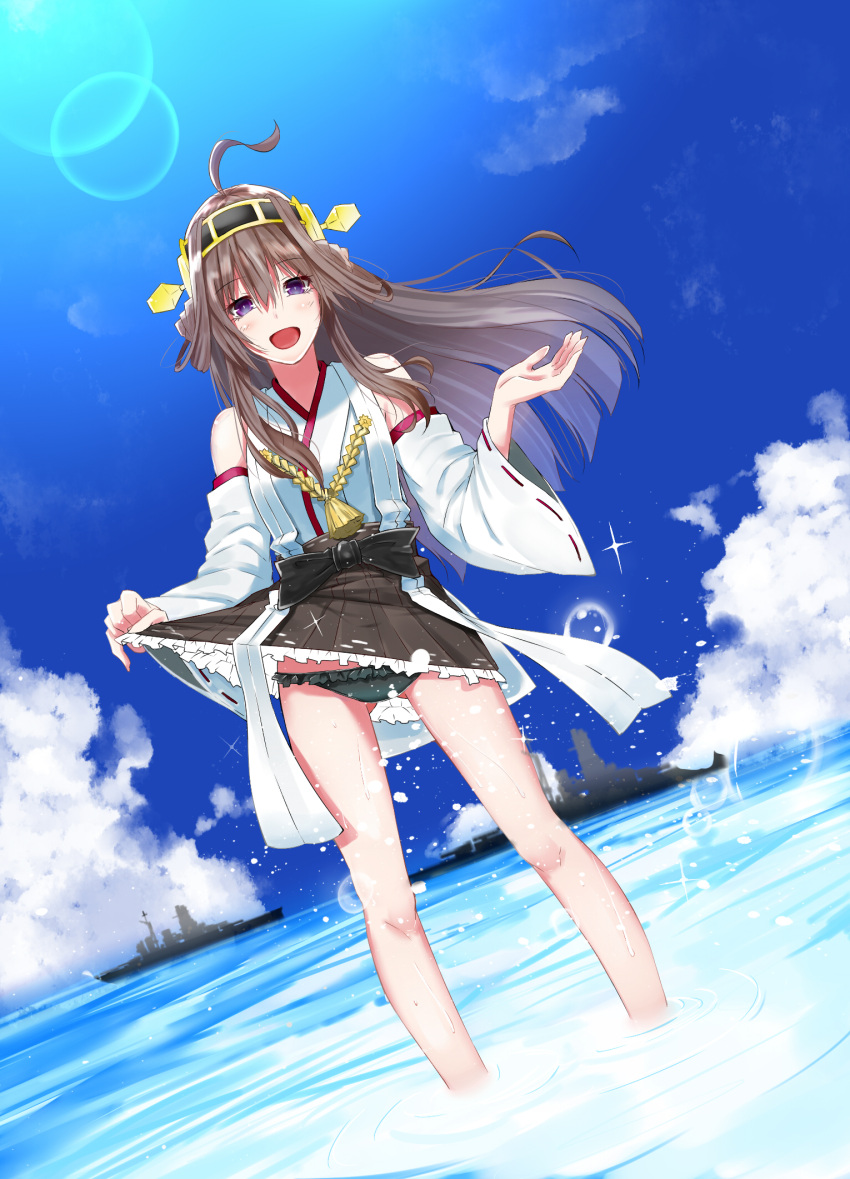 1girl ahoge bare_shoulders battleship black_panties blush brown_hair cannon destroyer detached_sleeves double_bun hair_ornament hairband headgear highres japanese_clothes kantai_collection kongou_(kantai_collection) light_particles long_hair nekomanma_(chipstar182) nontraditional_miko ocean open_mouth panties personification ship skirt smile solo turret underwear water
