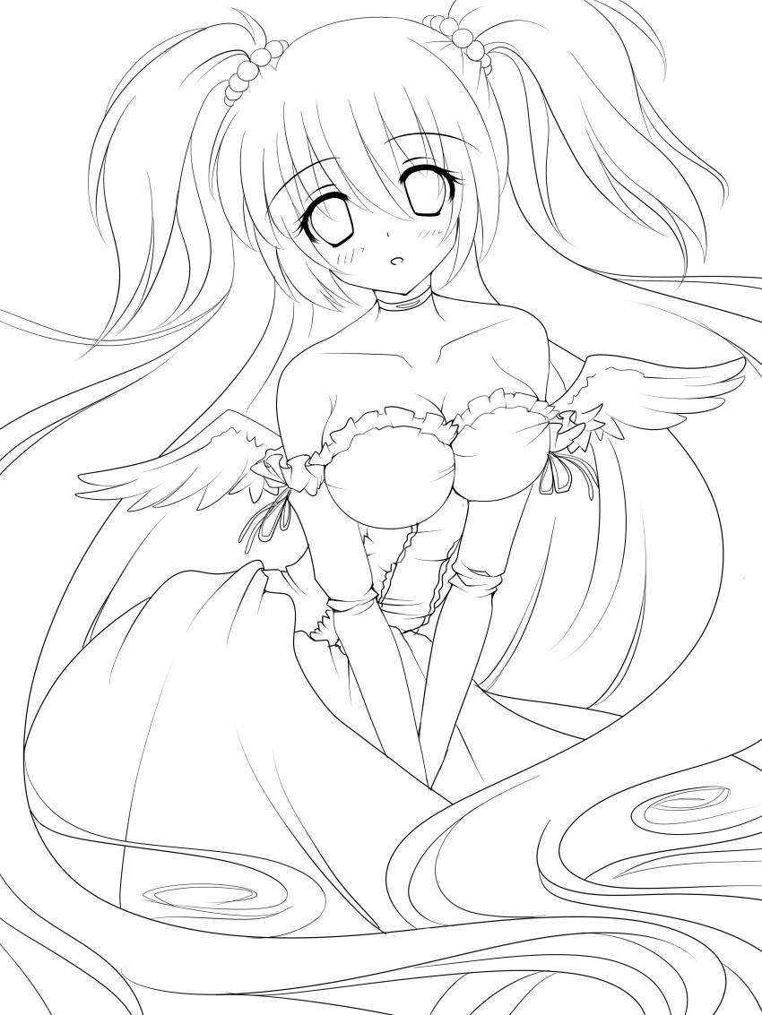 1girl absurdly_long_hair absurdres bare_shoulders breasts choker cokua dress highres lineart long_hair looking_at_viewer monochrome original solo v_arms very_long_hair wings