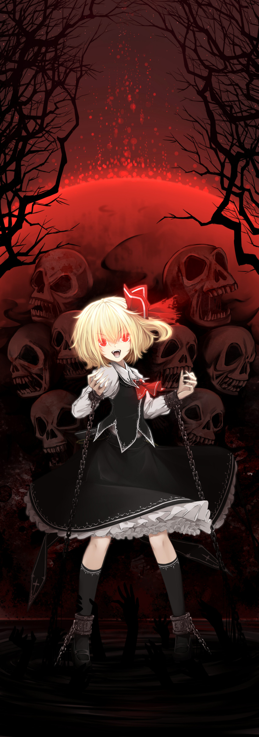 1girl absurdres ascot blonde_hair chain chained cloudy.r fangs full_moon glowing glowing_eyes hair_ribbon hands highres juliet_sleeves leg_grab long_sleeves looking_at_viewer moon night open_mouth puffy_sleeves red_eyes red_moon ribbon rumia shackle shirt skirt skirt_set skull solo touhou vest
