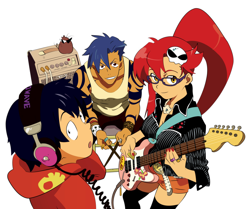 amber_eyes boota gainax glasses guitar headphones highres kamina long_hair pony_tail redhead shorts simon tengen_toppa_gurren_lagann thigh_highs vector yoko