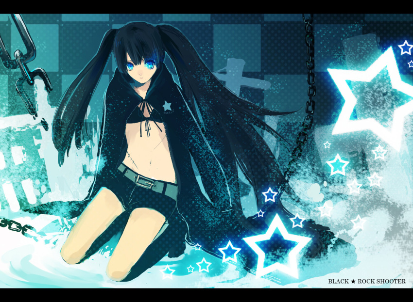 belt bikini_top black_hair black_rock_shooter black_rock_shooter_(character) blue_eyes boots chain checkered cloak coat cross flat_chest front-tie_top gloves glowing glowing_eyes hood hooded_jacket jacket knee_boots kneeling long_hair midriff navel scar short_shorts shorts solo star stare stitches twintails uneven_twintails uno_(colorbox) very_long_hair zipper