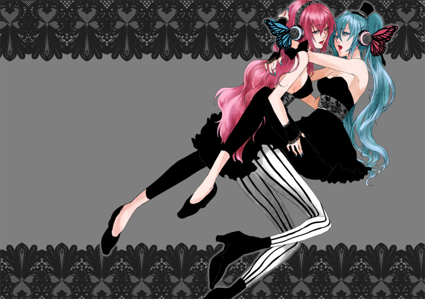 aqua_eyes aqua_hair black_dress butterfly_wings dress fingerless_gloves gloves hat hatsune_miku headphones high_heels legs long_hair magnet_(vocaloid) megurine_luka mini_top_hat multiple_girls nail_polish pantyhose pink_hair rioko shoes spandex striped top_hat twintails vertical-striped_legwear vertical_stripes vocaloid wings yuri