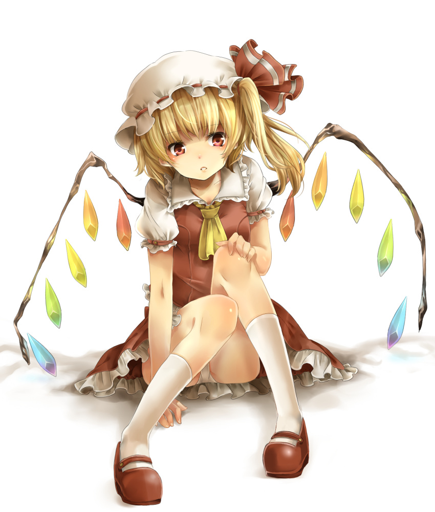 1girl blush eyebrows_visible_through_hair female flandre_scarlet hat highres looking_at_viewer panties pantyshot pantyshot_(sitting) red_eyes rojiko side_ponytail solo touhou underwear white_panties wings