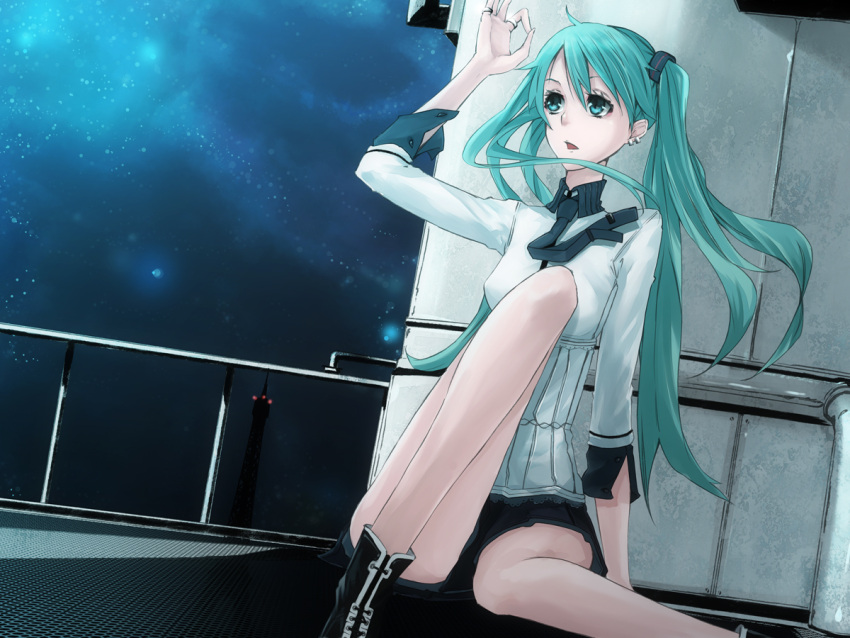 aqua_eyes aqua_hair boots earrings hatsune_miku jewelry long_hair mirre night ring sitting skirt sky solo twintails very_long_hair vocaloid wallpaper