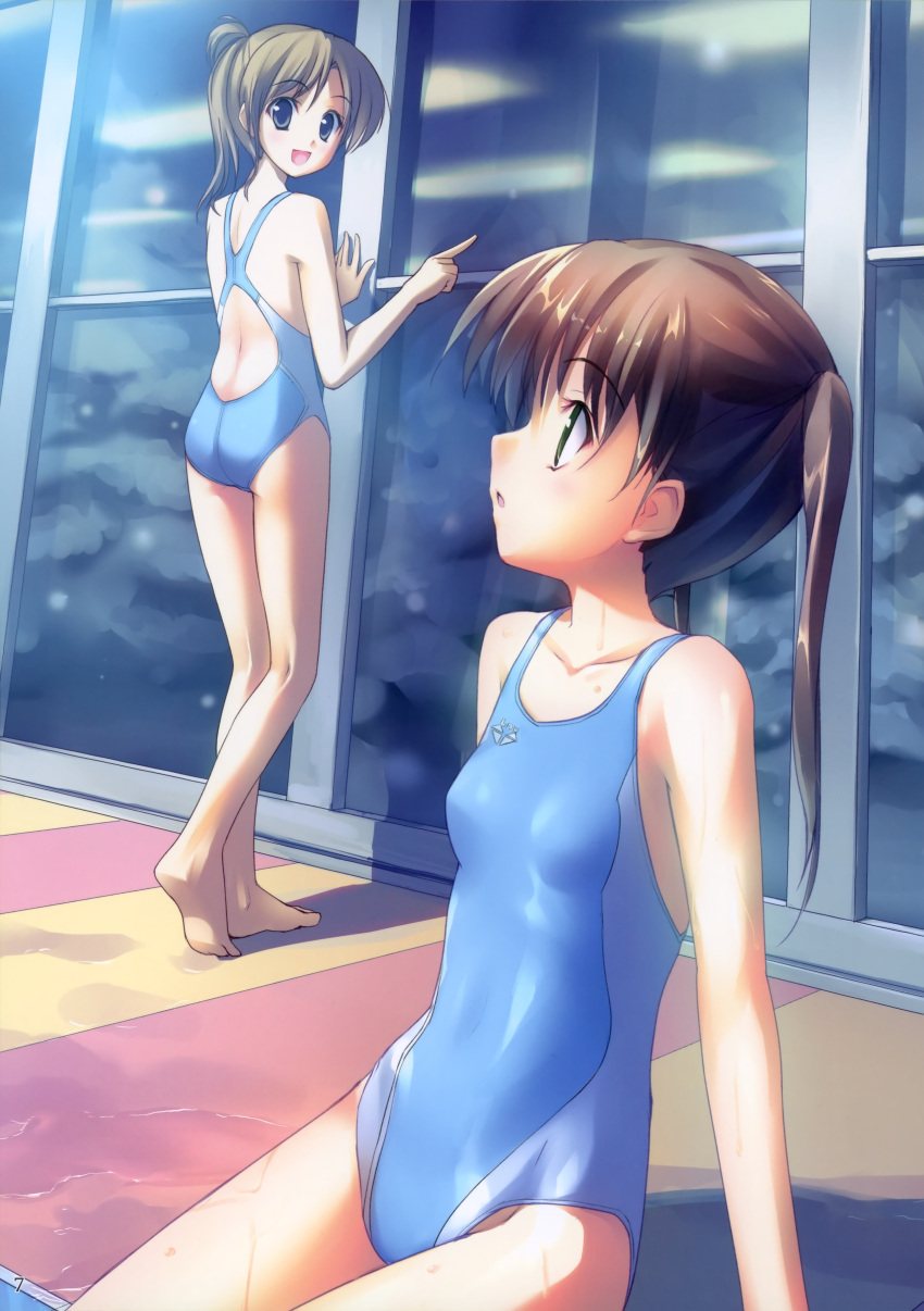 2girls :d :o ass back_cutout bangs bare_back blue_eyes brown_hair collarbone eyebrows_visible_through_hair head_tilt kogemashita looking_at_another one-piece_swimsuit small_breasts source_request swimsuit swimsuit takoyaki thighs wet