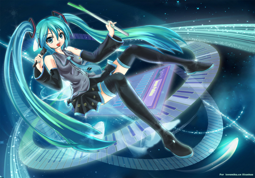 1girl aqua_eyes aqua_hair detached_sleeves hatsune_miku headset highres legs long_hair microphone necktie open_mouth piano_keys skirt solo spring_onion thighhighs twintails ushas very_long_hair vocaloid