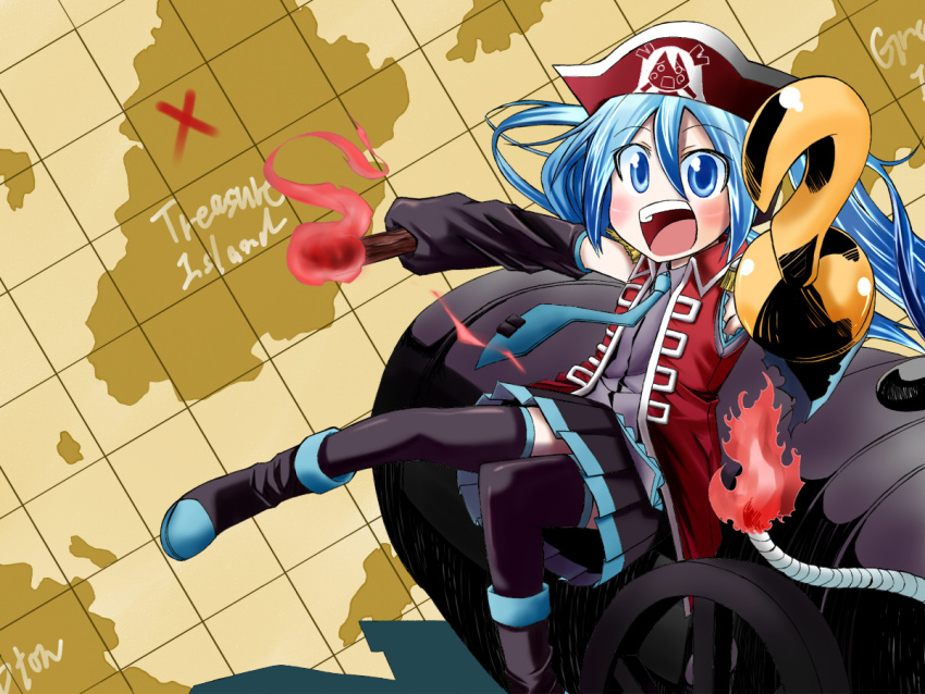 1girl blue_eyes blue_hair cannon coat detached_sleeves hat hatsune_miku long_hair map necktie pirate_hat skirt smile solo tamago-kiiroi thighhighs twintails vocaloid zettai_ryouiki