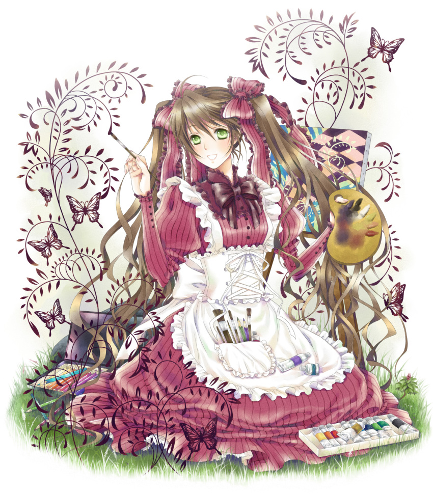 bad_id blush bow brown_hair butterfly colored_pencil dress green_eyes hair_bow hair_ribbon happy highres kneeling long_hair nature oekaki_musume open_mouth original paint paintbrush painting pencil ribbon smile solo twintails very_long_hair wooden_pencil yuuno_(yukioka)