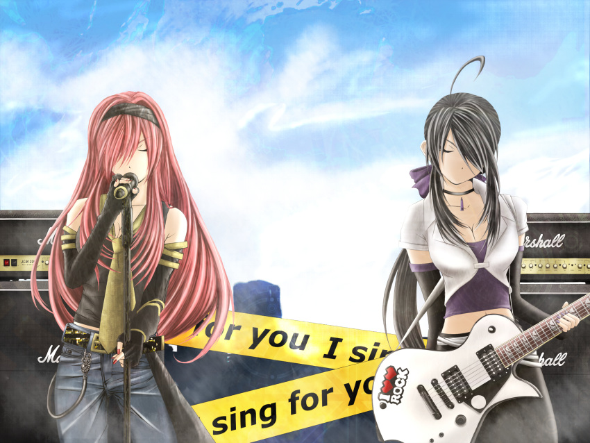 ahoge belt breasts casual cleavage closed_eyes elbow_gloves english fingerless_gloves gloves guitar hair_over_one_eye highres i_sing_for_you_(vocaloid) instrument jewelry long_hair megurine_luka microphone microphone_stand midriff mujun_(zipper) multiple_girls nail_polish necklace necktie pants pink_hair ponytail silver_hair vocaloid voyakiloid yowane_haku