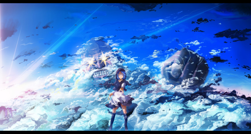 blue_hair boots clenched_hand clenched_teeth cloud fist foreshortening glowing glowing_eyes hands highres hood kumoi_ichirin letterboxed punching ryouma_(galley) sky teeth thigh_boots thighhighs touhou ufo unzan wallpaper