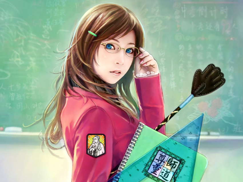 blue_eyes brown_hair chalkboard chinese classroom_eraser eat glasses highres long_hair nail_polish notebook realistic ruler solo teacher