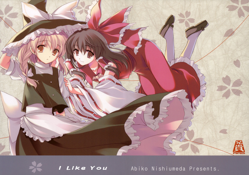apron black_hair bow braid brown_eyes brown_hair cover detached_sleeves dress flower frills hair_bow hair_ornament hair_ribbon hakurei_reimu hand_on_another's_cheek hand_on_another's_face hat highres holding holding_hat japanese_clothes kirisame_marisa long_hair mary_janes miko multiple_girls odawara_hakone red_eyes red_string ribbon shoes short_hair short_sleeves shrine_maiden smile socks touhou wallpaper wide_sleeves witch witch_hat yellow_eyes