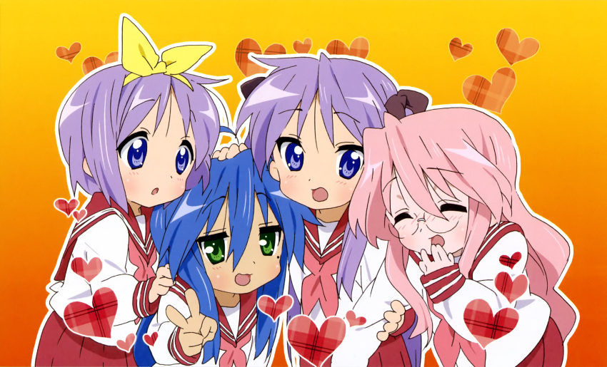 blush glasses hiiragi_kagami hiiragi_tsukasa izumi_konata lucky_star scan takara_miyuki