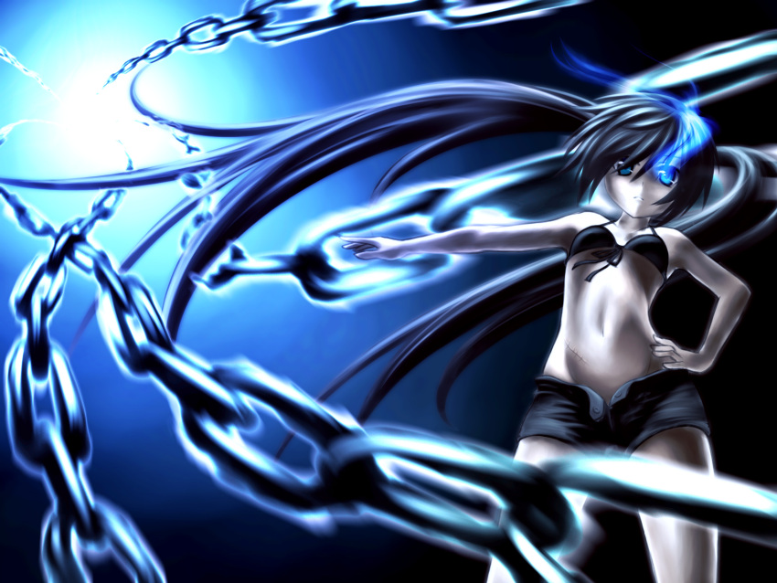 bad_id bikini_top black_hair black_rock_shooter black_rock_shooter_(character) blue_eyes chain garuku glowing glowing_eyes highres long_hair midriff navel pale_skin scar shorts solo star twintails uneven_twintails very_long_hair wallpaper