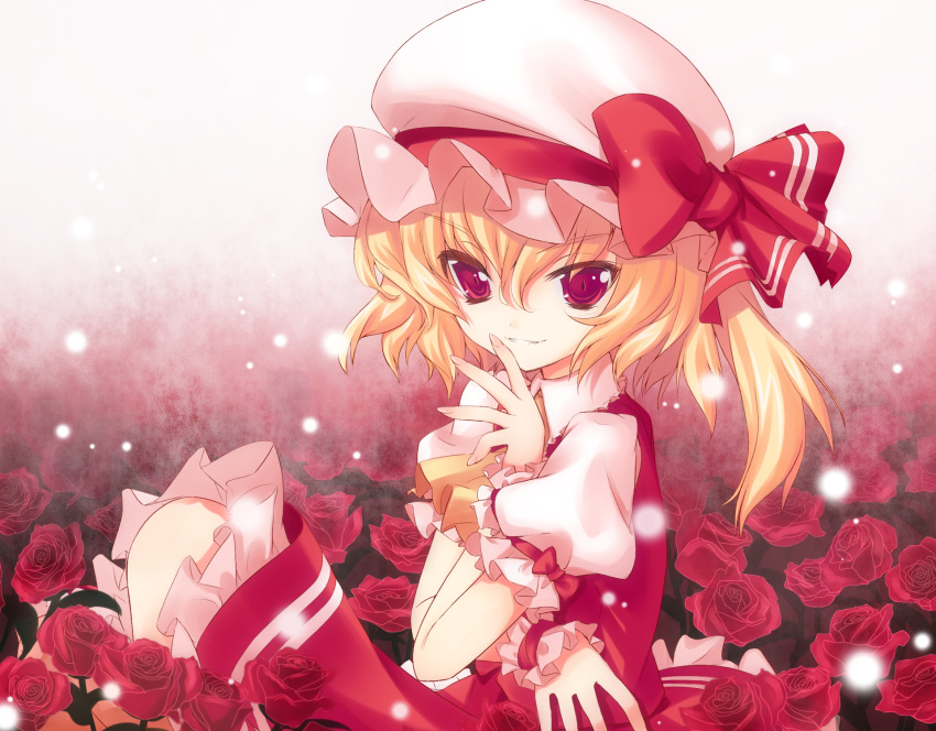 blonde_hair colored d2c dada_sky fang flandre_scarlet flower hat highres lucie ponytail red_eyes ribbon ruchie short_hair touhou