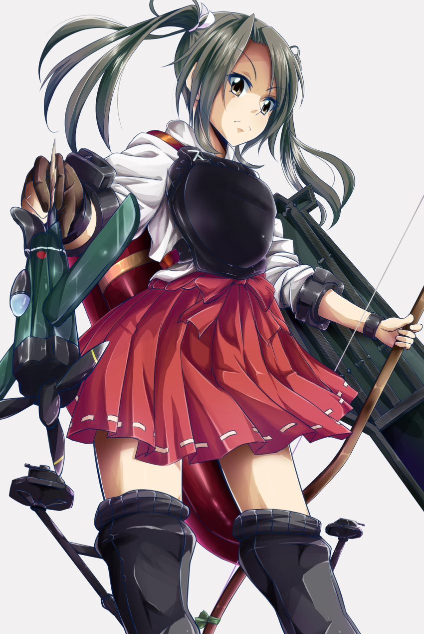 1girl airplane archery arrow bassa blush boots bow_(weapon) brown_eyes flight_deck grey_hair hair_ribbon highres japanese_clothes kantai_collection kyuudou long_sleeves muneate personification quiver ribbon skirt thigh-highs thigh_boots twintails weapon yugake zuikaku_(kantai_collection)